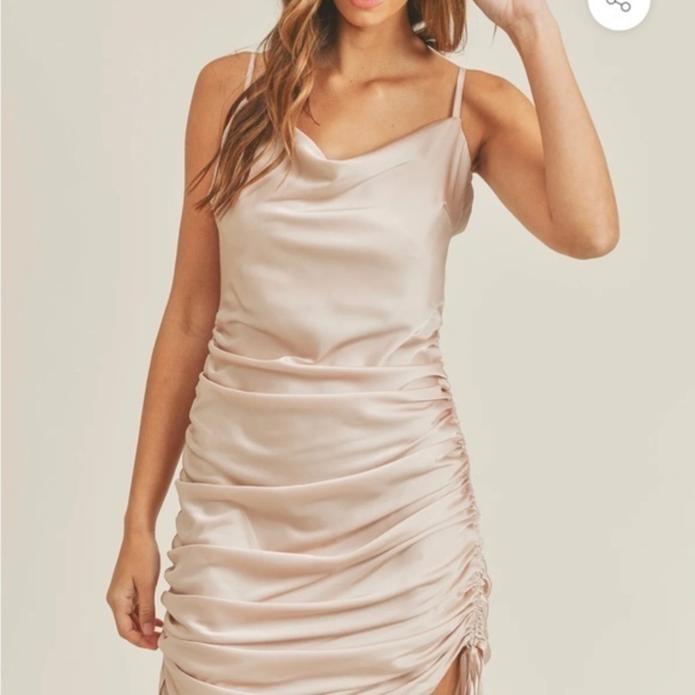 MABLE‎ Spaghetti strap solid satin dress side drawstring and ruching detailing